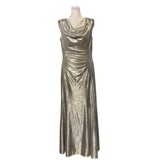 Tahari Silver Metallic Drape Neck Gown Size 12 - Picture 4 of 8